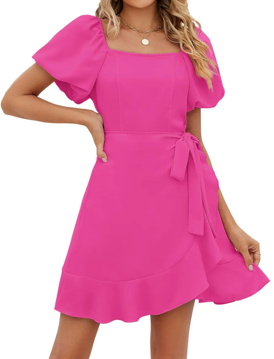 Women's Square Neck Puff Sleeve Tie Waist Short Dress