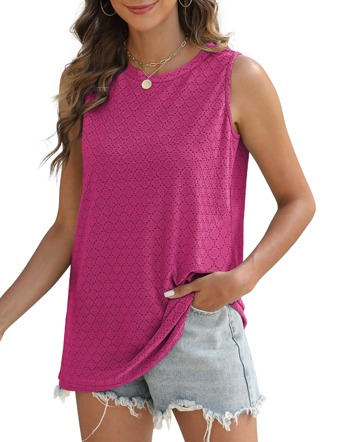 Women's Loose Eyelet Tank Tops Crew Neck Basic Sleeveless Shirts