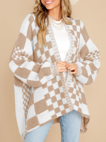 Women's Oversized Knit Open Front Checkered Sweater