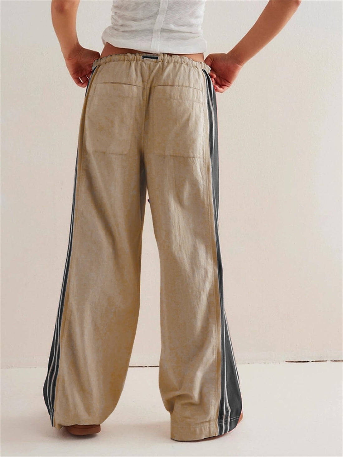Women's Wide Leg Pants Drawstring High Rise Side Striped Slouchy Palazzo Pants with Pockets