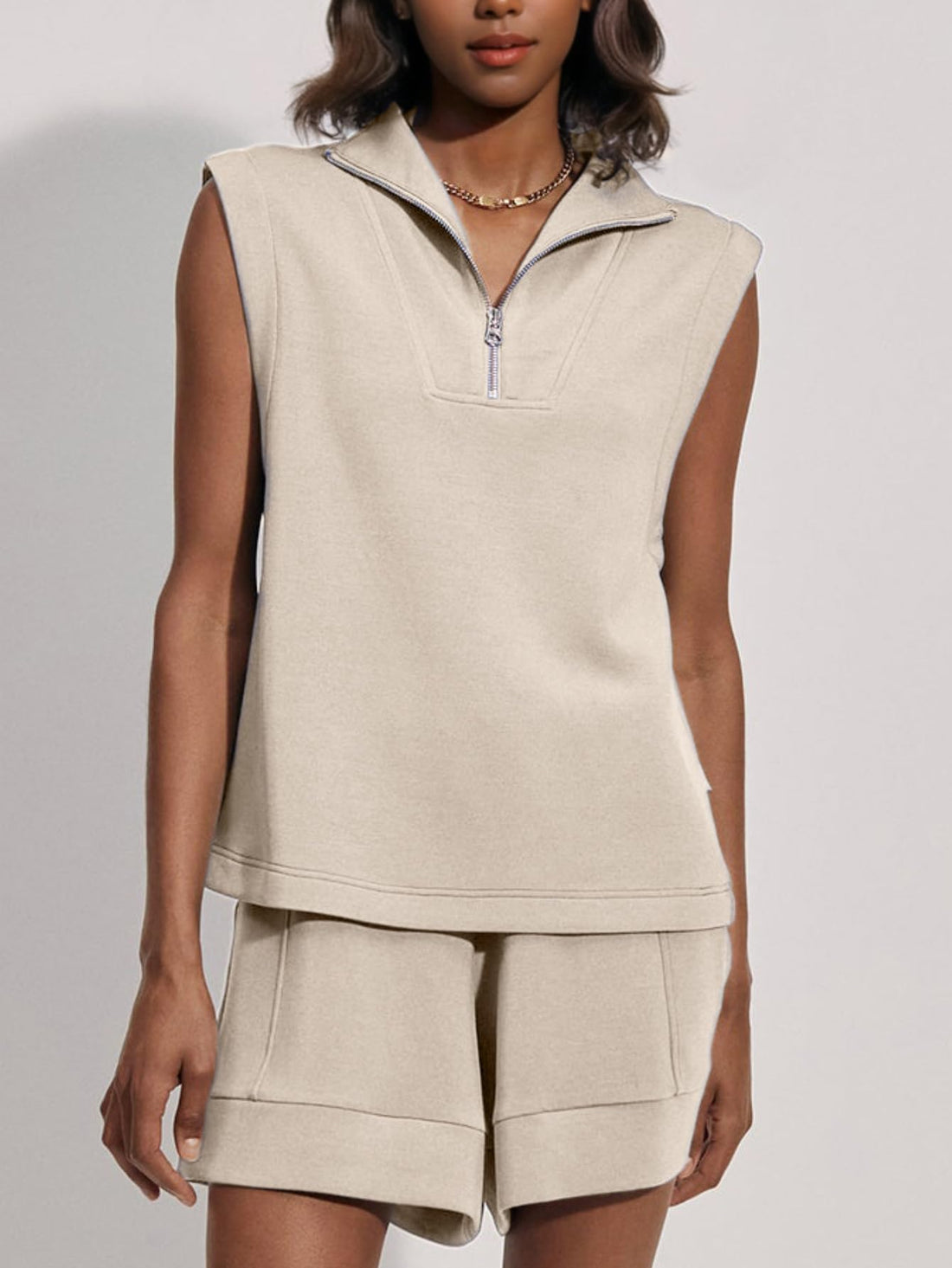 Women's Half Zip Sleeveless Two-Piece Shorts Set