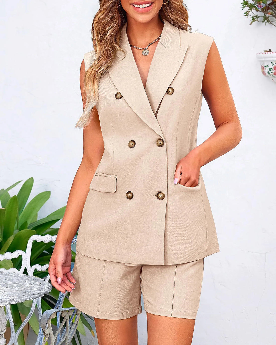 Women's Casual Sleeveless Button Down Blazer Vest Shorts Sets