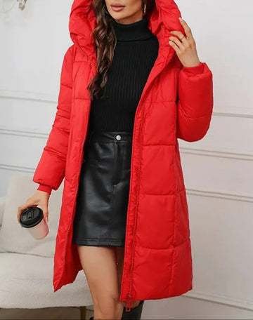 Women’s Puffer Coat – Quilted – Mid-Thigh Length – Hooded – Full Zip