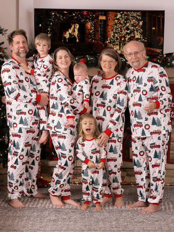 Family Christmas Pajamas Tree and Car Print White Long-sleeve Pajamas Sets