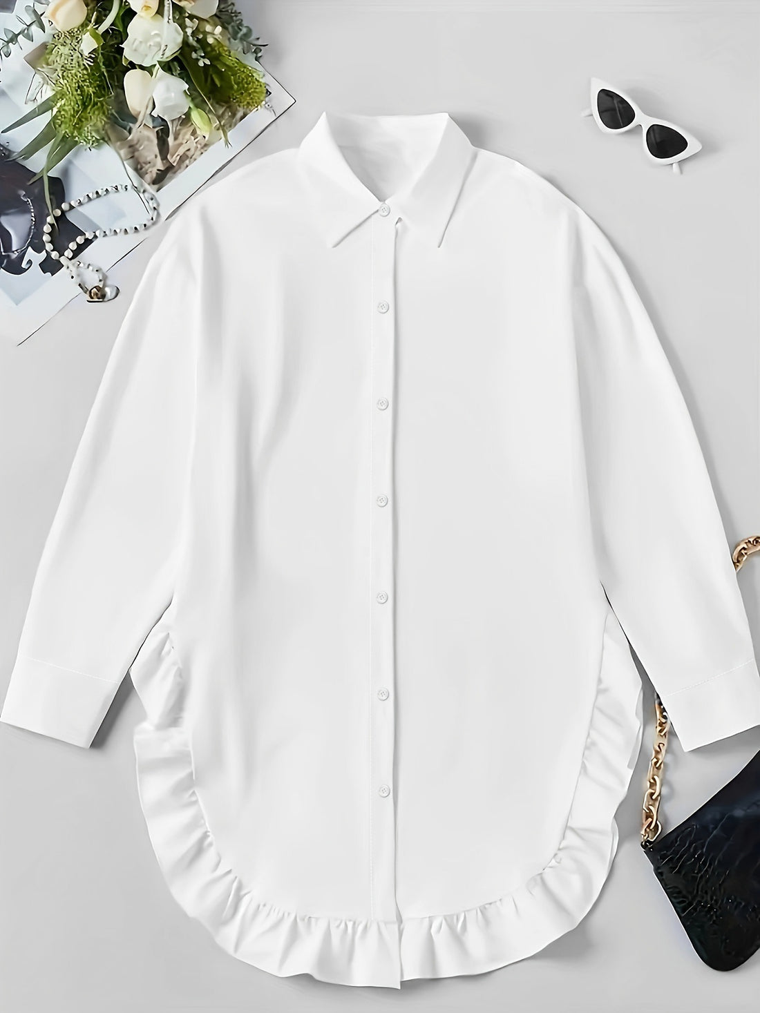 Women's Plain Ruffle Trim Button Front Blouse