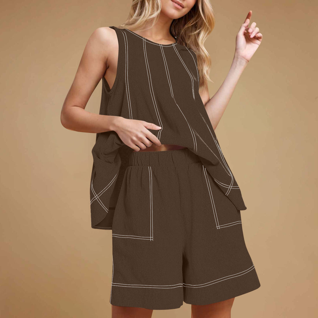 Women's Stitching Tank Tops and High Waist Shorts Set