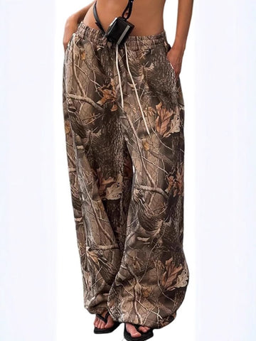Women Wide Leg Camo High Waisted Drawstring Baggy Jogger Pants With Pockets