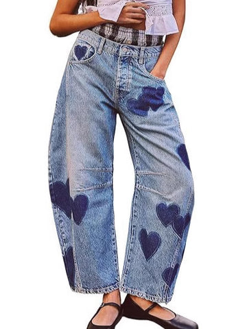 Women's Mid-Rise Heart Five-pointed Star Pattern Jeans