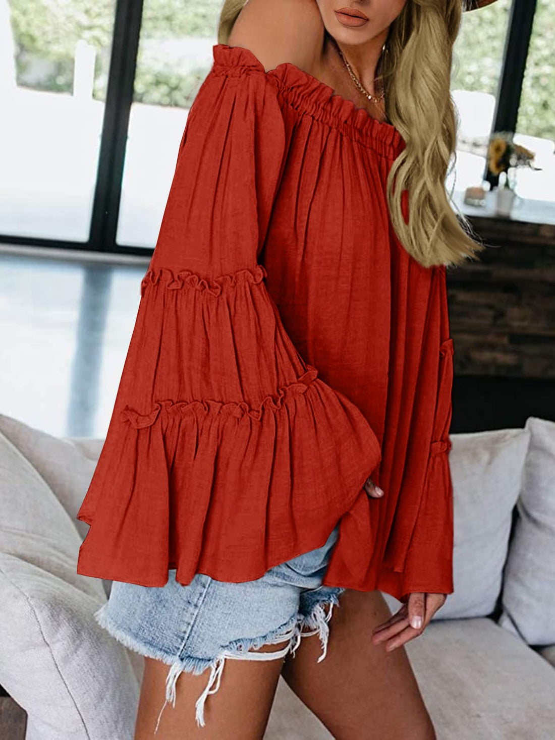 Womens Off The Shoulder Long Bell Sleeve Tops Flared Casual Loose Blouse