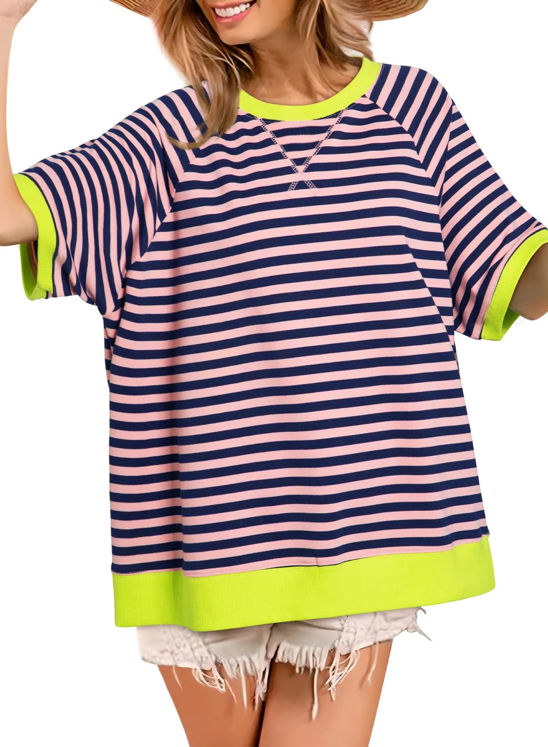 Women Oversized Striped Color Block Crewneck Short Sleeve