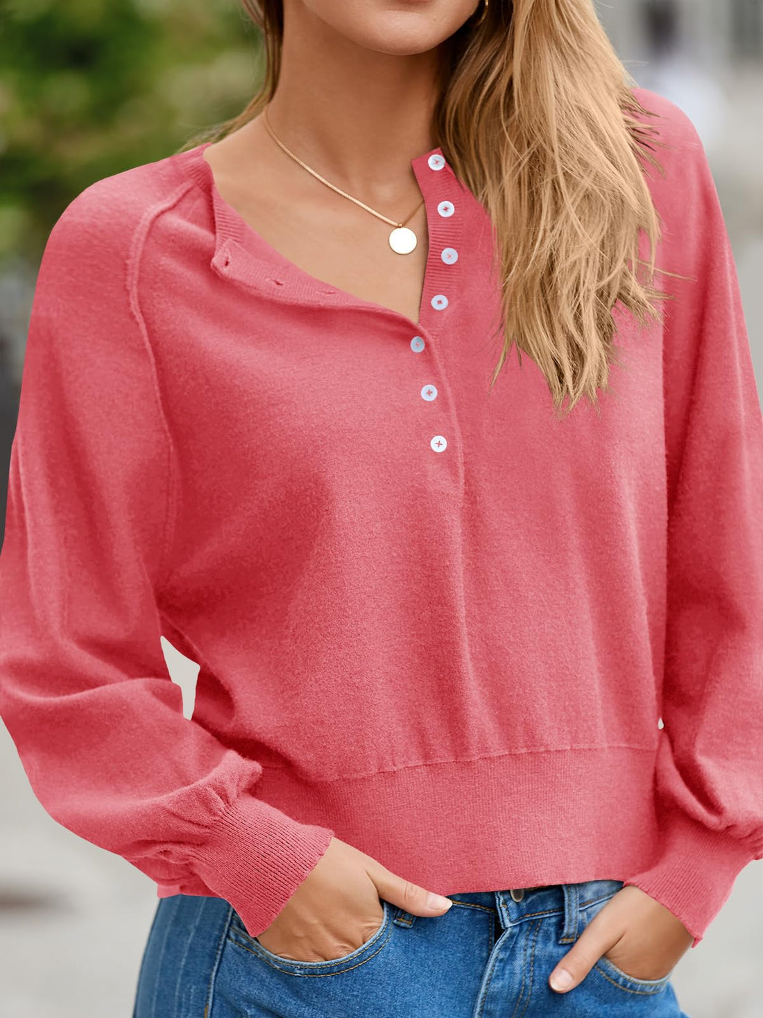 Womens Henley Button Fall Long Sleeve Loose Knit Pullover Tops