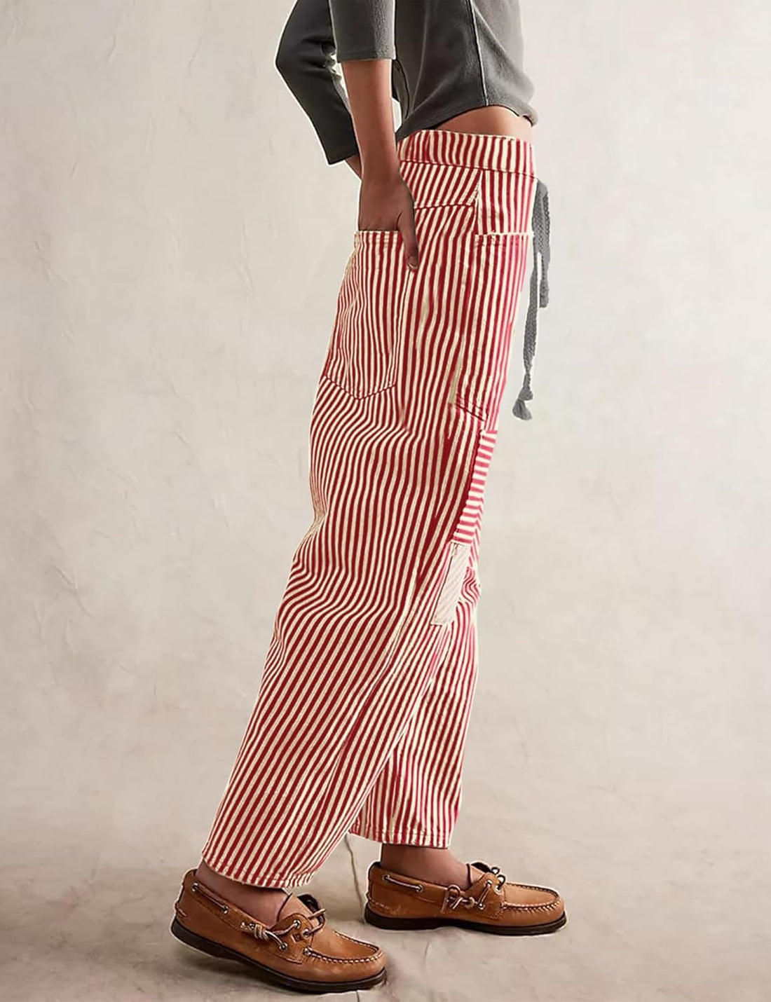 Women's Striped Drawstring Wide Leg Mom Denim Pants with Pockets