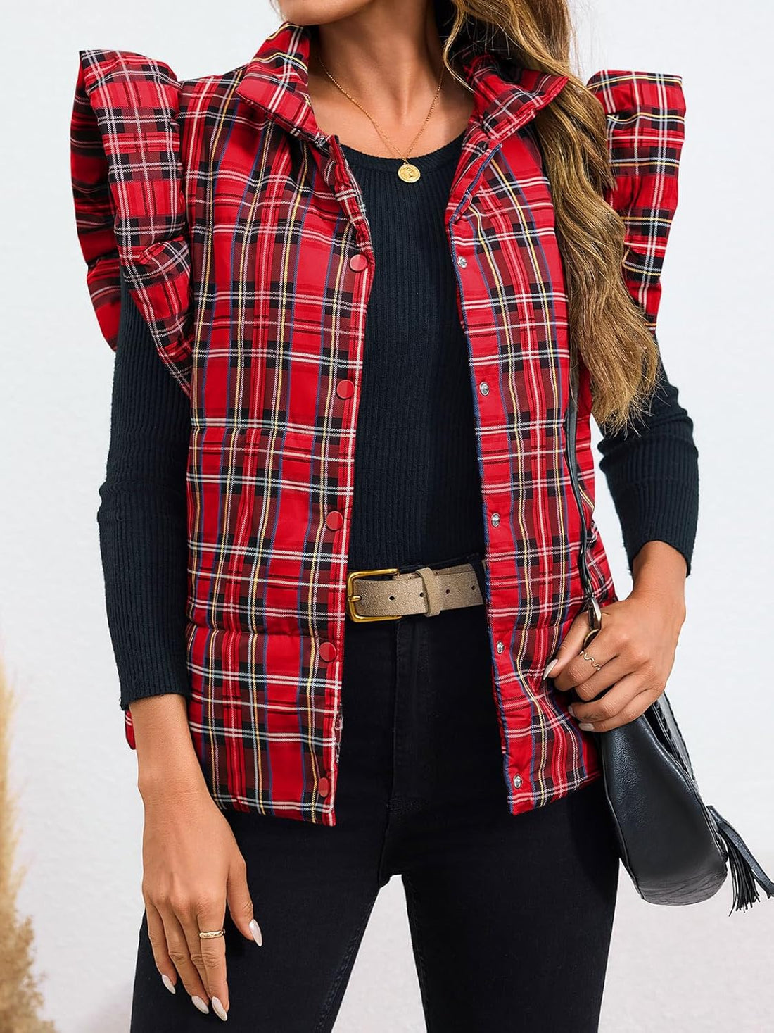 Womens Plaid Puffer Vests Ruffle Sleeveless Lightweight Quilted Vest Fall Winter Padded Gilets Coats