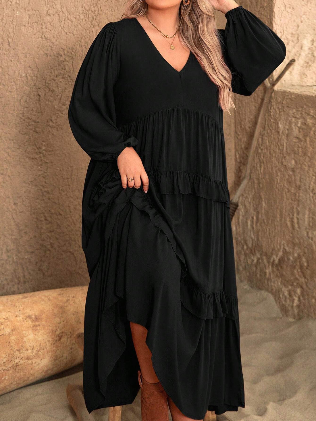Women's V-neck Solid Color Long Sleeved Layered Ruffle Dress