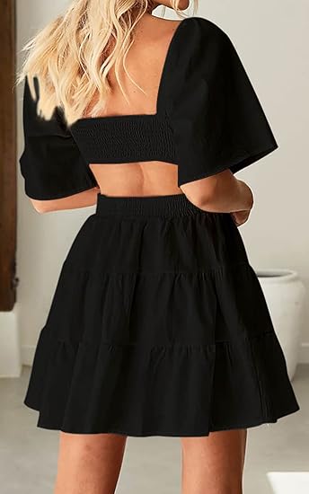 Women's Square Neck Casual Short Sleeves Crossover Elastic Waist Party Mini Dress