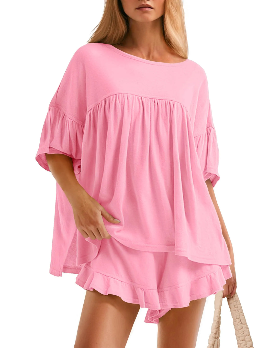 Women's Ruffle Short Sleeve Tops and Shorts Casual Loose Oversized Lounge Sets