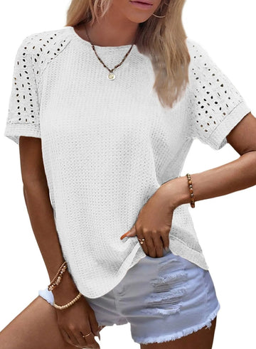 Women's Casual Crew Neck Hollow Out Raglan Short Sleeve Waffle Knit Tops
