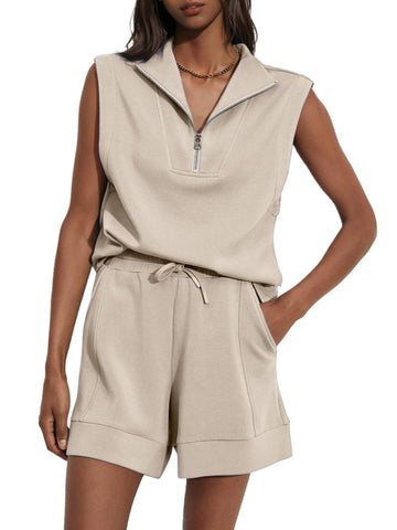 Women's Half Zip Sleeveless Two-Piece Shorts Set
