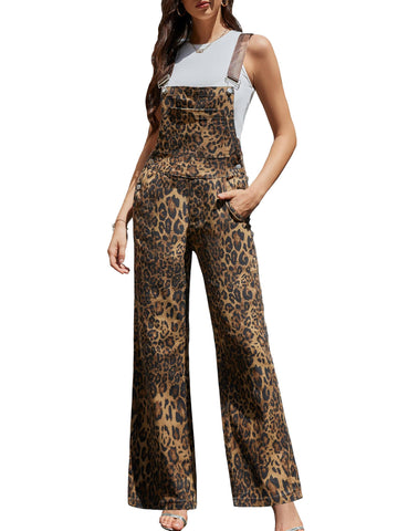 Women Loose Fit Leopard Floral Print Overalls