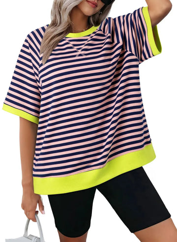 Women Oversized Striped Color Block Crewneck Short Sleeve