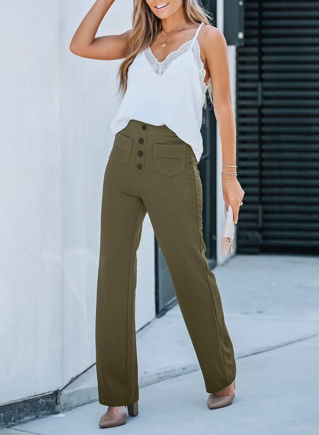High-waisted Multi-pocket Straight-leg Casual Trousers