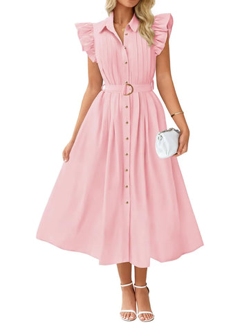 Women Casual Button V Neck Flutter Sleeve Belted Long Dresses with Pockets