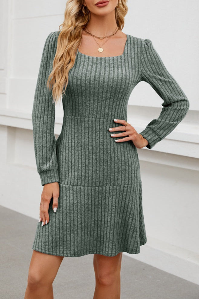 Womens Square Neck Long Sleeve Fall Dresses Casual Babydoll Sweater Dress