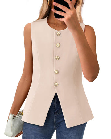Women's Dressy Button Down Round Neck Sleeveless Blazer Vest