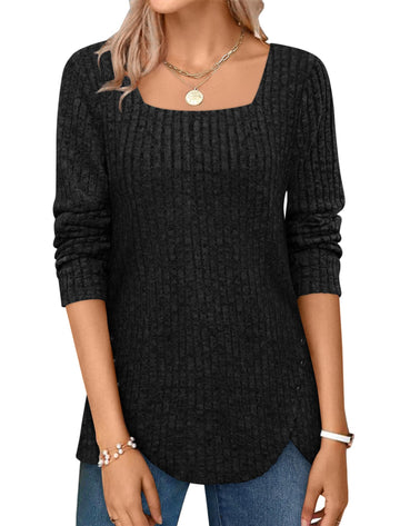 Squared Neck Sweater Ribbed Knit Tunic Tee Shirts