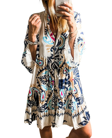 Women's V Neck Tribal Print Button Flowy Bohemian Mini Dress