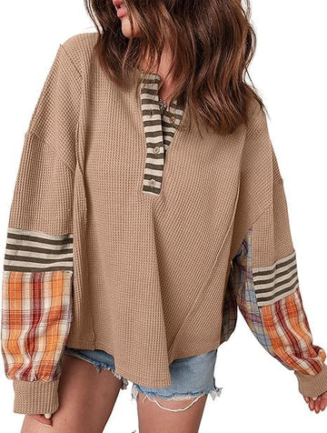 Stripe Plaid Patchwork Waffle Knit Henley Top