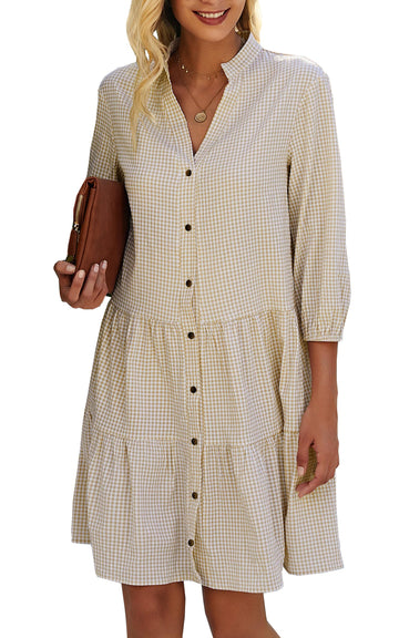 Women's Button Down 3/4 Sleeve Gingham Shirt Dress