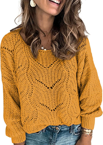 Womens Crewneck Cute Elegant Soft Long Sleeve Hollow Cable Knit Pullover Tops