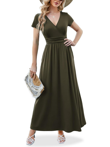 Women V Neck Empire Pleated Waist Elegant Long Dresses with Pockets
