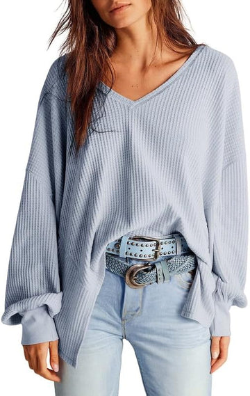 Women's Waffle Knit Tops  Long Lantern Sleeve Casual Blouses