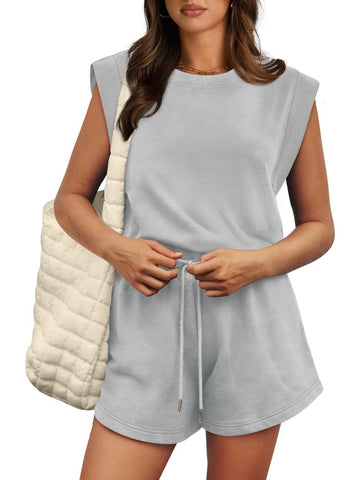 Women's Cap Sleeve Adjustable Drawstring Waistband Rompers with Pockets