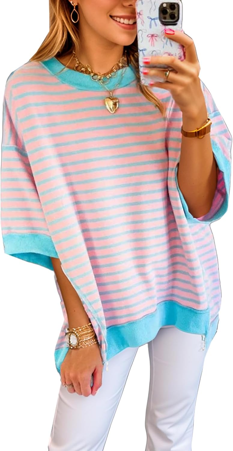 Women's Oversized Striped Color Block Half Sleeve Tops