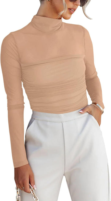 Women’s Trendy Sexy Mock Turtle Neck Long Sleeve Sheer Mesh Ruched Going Out Bodysuits Tops