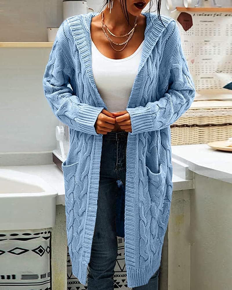 Women Hooded Open Front Cardigan Cable Knit Sweaters Chunky Long Sweater Coats