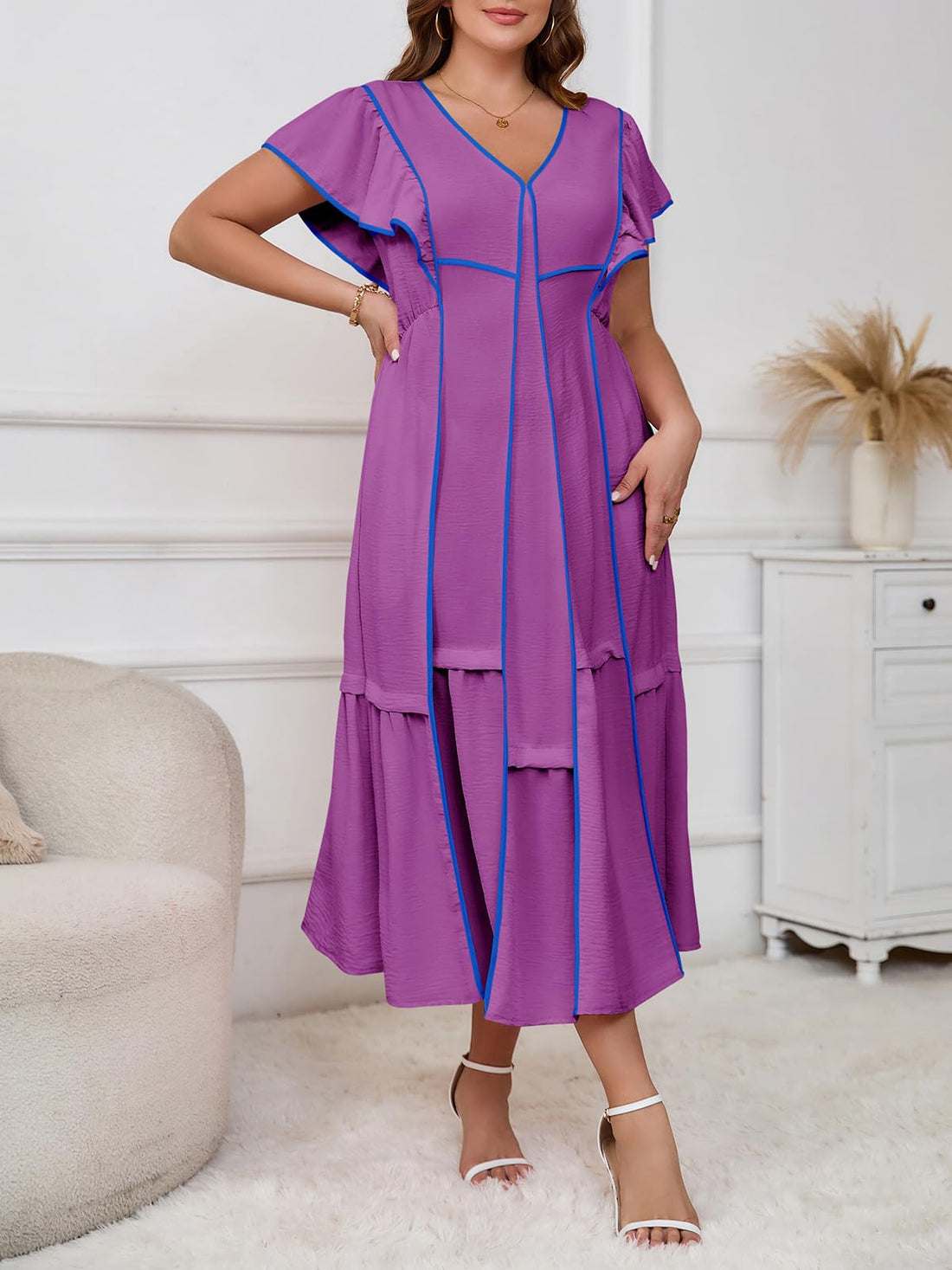 Womens V Neck Casual Ruffle Sleeve Contrast Color Loose Fit Flowy Long Dresses