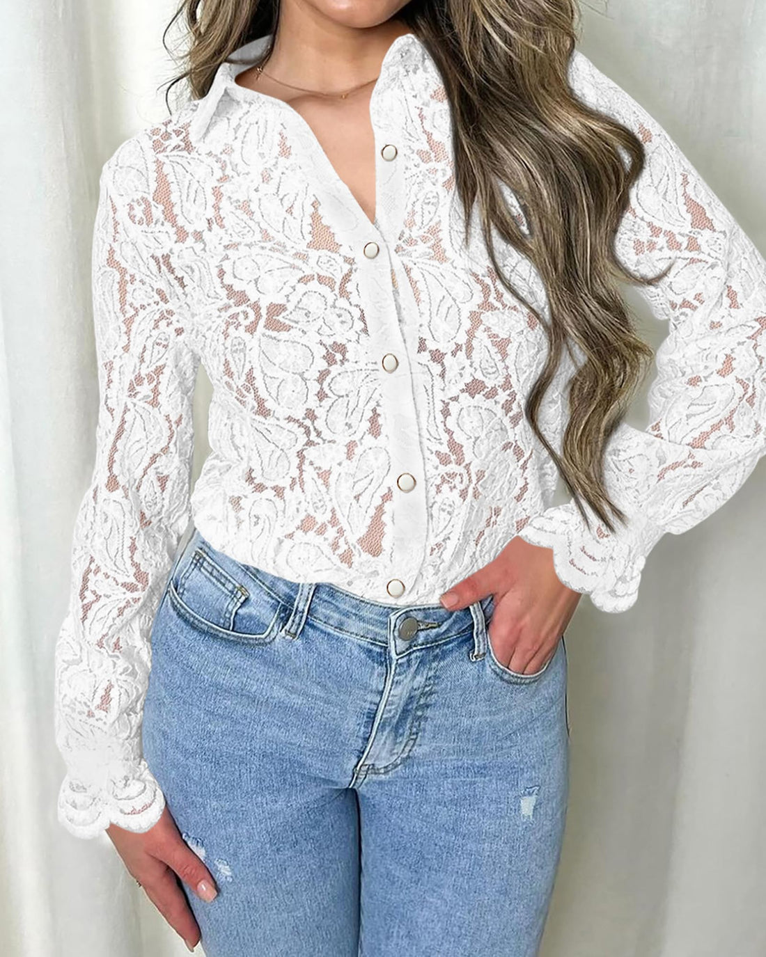 Women's Lace Blouses Long Sleeve Button Down Shirt