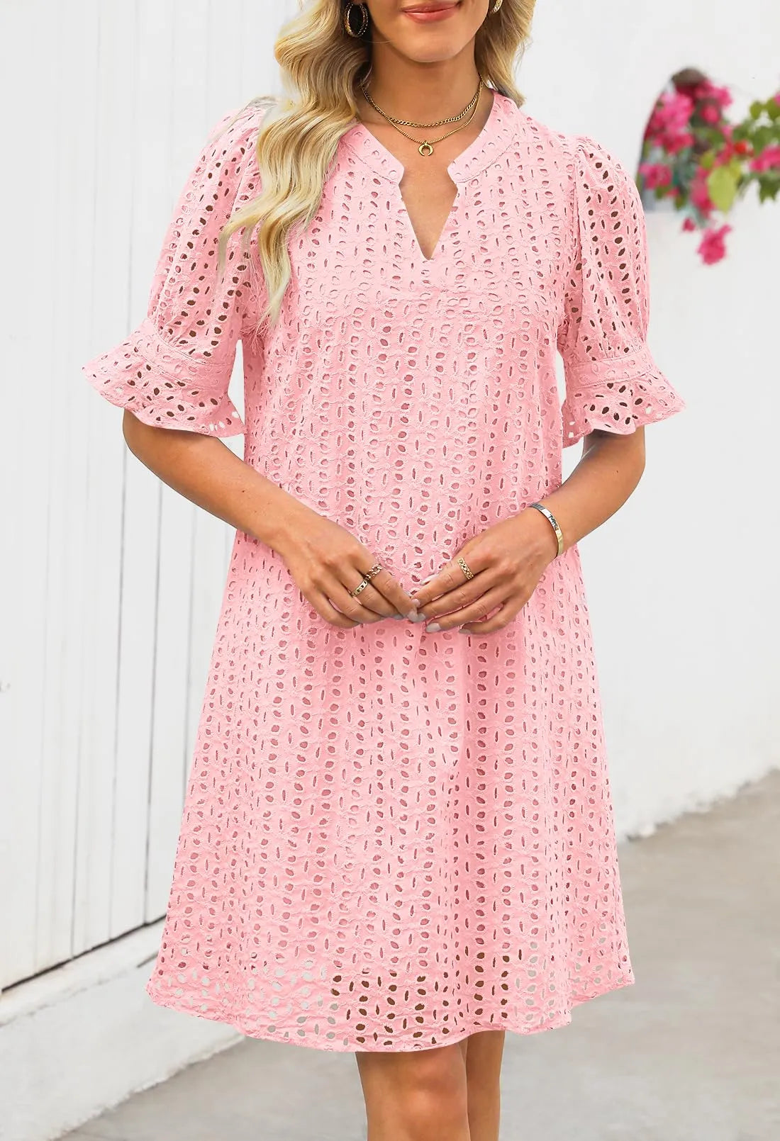 Women's V Neck Ruffle Hollow Out Eyelet Lace Dresses