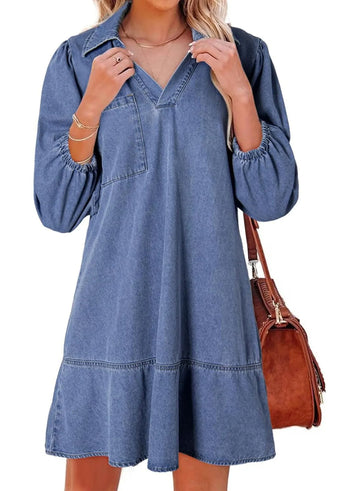 Women's V-Neck Puff Sleeve Denim Layered Dress