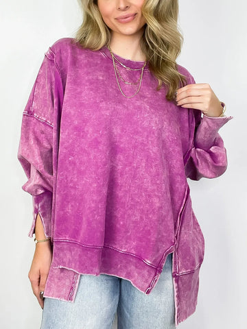 Women's Acid Wash Split Cuff Oversized Crew Pullover