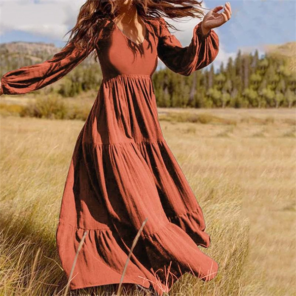 Women’s Long Sleeve A-Line Maxi Dress – Elegant High Waist Fall Outfit for Autumn