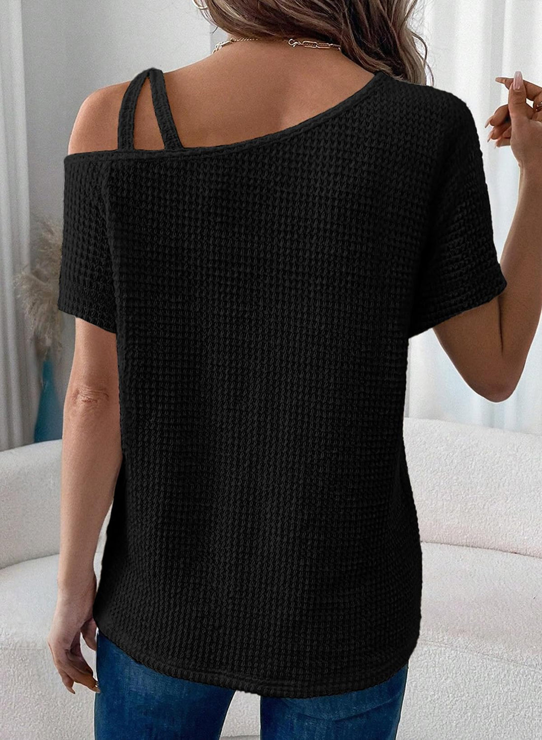 Women's Summer Off-Shoulder Waffle Knit Short Sleeve Top