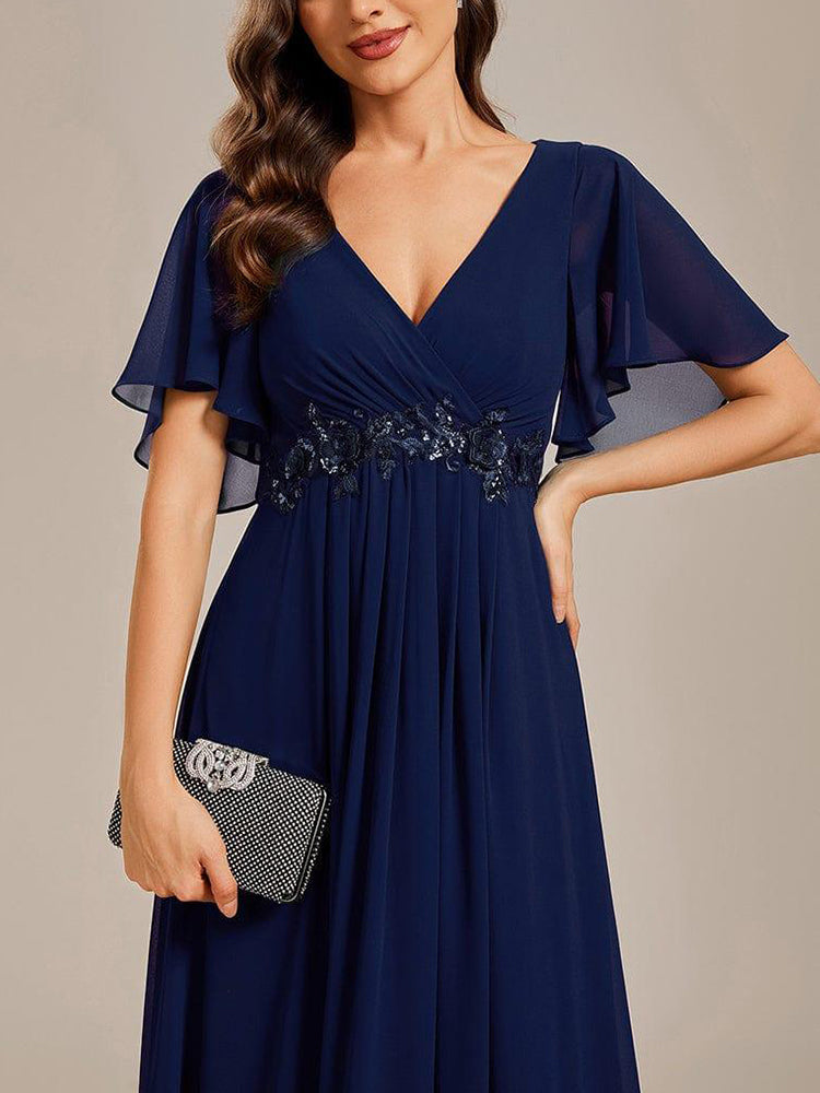 Flutter-Sleeve Appliqué A-Line Maxi Dress