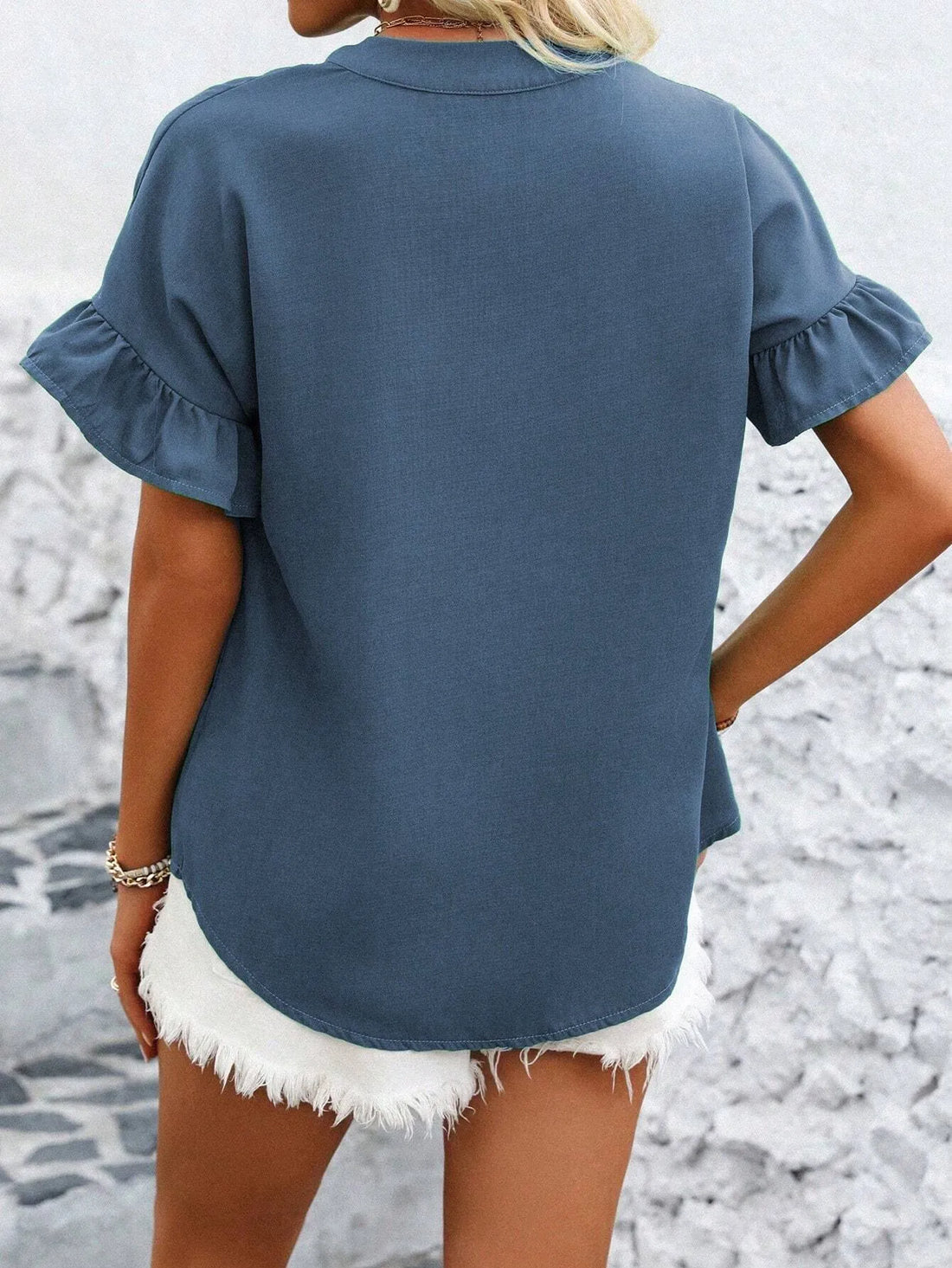 Solid Color Front Pleated Lace Trim Summer Casual Shirt