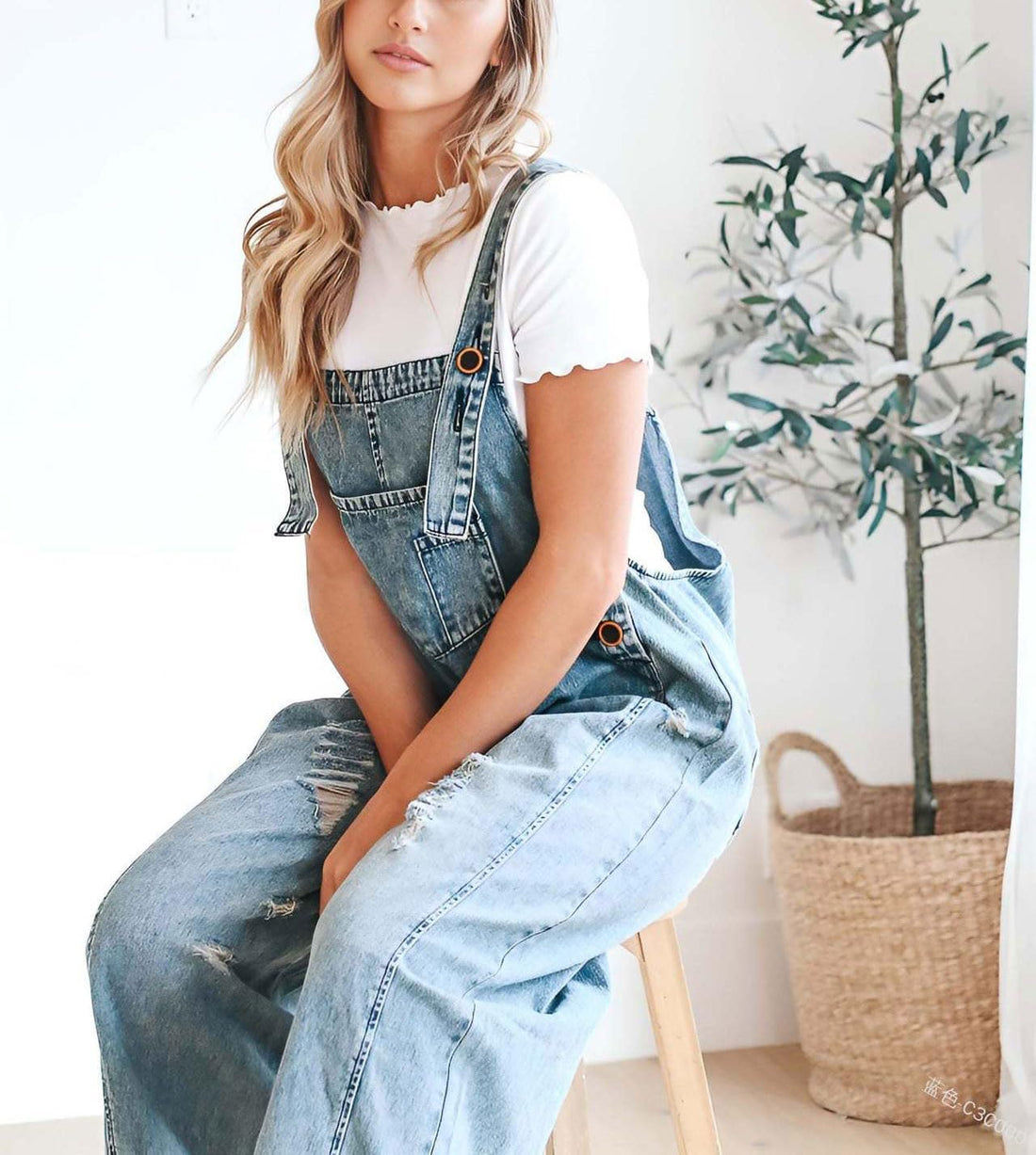 Women's Cute Casual Button Jumpsuit Ripped Denim Overalls