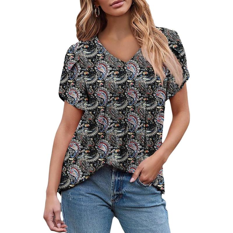 Womens Short Sleeve Tunic Tops Summer Henley Shirts V-neck Blouse